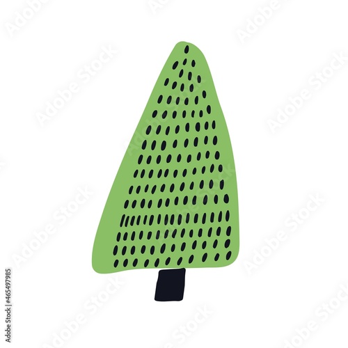 Cute fir tree in simple doodle style. Primitive triangle-shaped firtree with trunk. Naive childish drawing of spruce. Kids flat vector illustration of forest plant isolated on white background