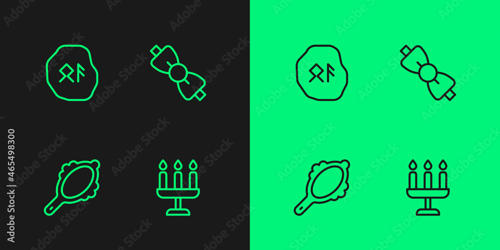 Set line Candlestick, Magic hand mirror, runes and Bow tie icon. Vector Set line Candlestick, Magic hand mirror, runes and Bow tie icon. Vector