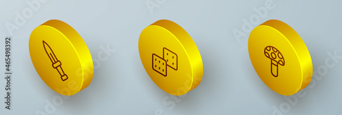 Set Isometric line Dagger, Game dice and Psilocybin mushroom icon. Vector