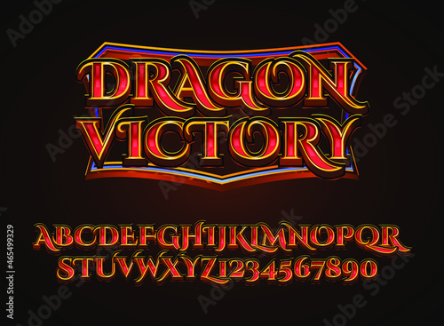 fantasy golden red dragon victory medieval rpg game logo text effect with frame border