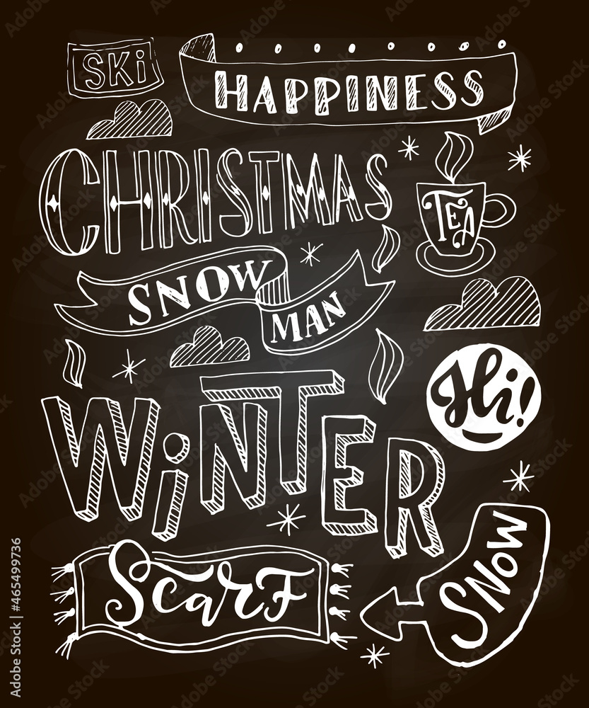 Hand sketched Winter card, badge, icon typography. Lettering Merry Christmas for Christmas, New Year greeting card, invitation template, banner, poster. Vector EPS10