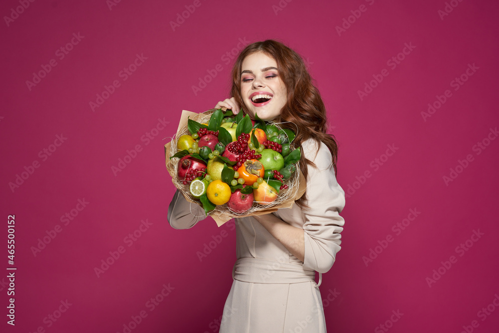 beautiful woman fun posing fruit bouquet vitamins isolated background beautiful woman fun posing fruit bouquet vitamins isolated background