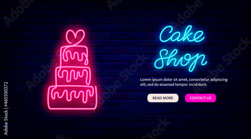 Cake shop neon online landing page. Sweet bar. Website template and mobile apps. Isolated vector illustration