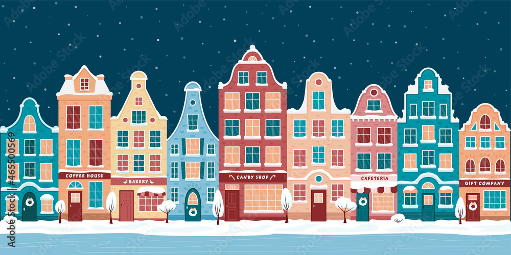 Winter Europe old town street. City landscape set with decorative old buildings. Winter town. Christmas town illustration. Seamless pattern. Vector illustration in flat style