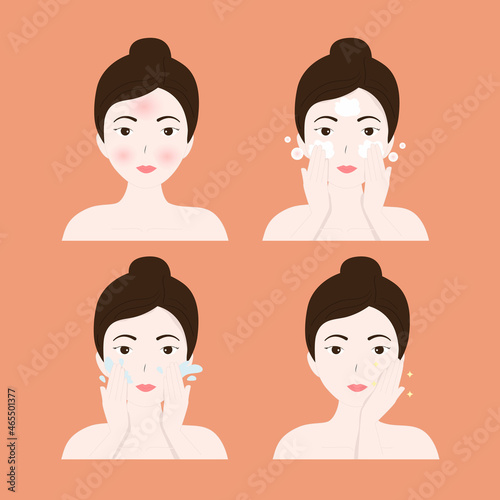 illustration Woman Cleaning And Care Face. Wash your face with cleansing foam.
