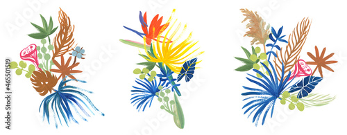 Fotografie Modern set of bouquets with bright tropical dried flowers and strelitzia flower