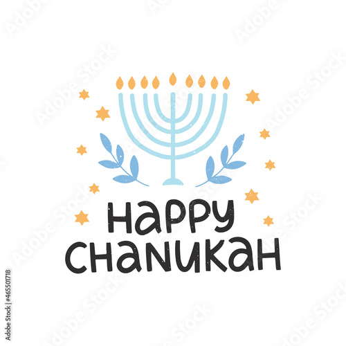 Hanukkah vector celebration typography. Traditional Jewish holiday. Happy Chanukah quote with menorah. Hanuka wishes isolated on white. Handwritten festive rainbow illustration.