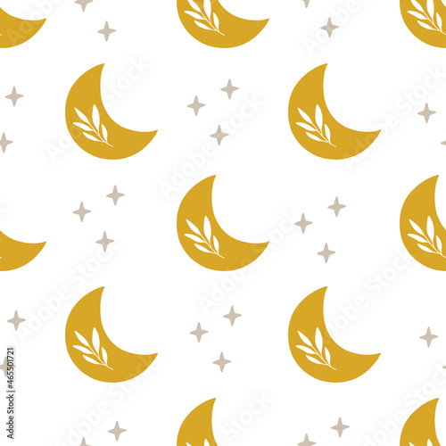 Vector seamless pattern with floral crescent moon, stars. Trendy celestial ornament on white background. Boho Illustration. Print for fabric, textile, kids and baby clothes, paper wrapping, wallpaper.