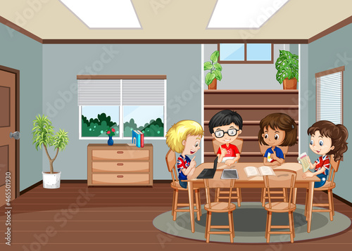 Interior of living room with children