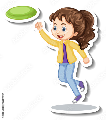 Girl playing frisbee cartoon character sticker
