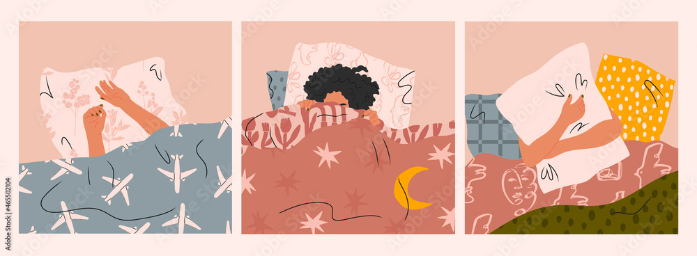 Female hands and head sticking out from under the blanket. Lady sleeping under soft cozy blanket. Morning in bed, coziness, relaxation concept. Set of three Hand drawn trendy Vector illustrations