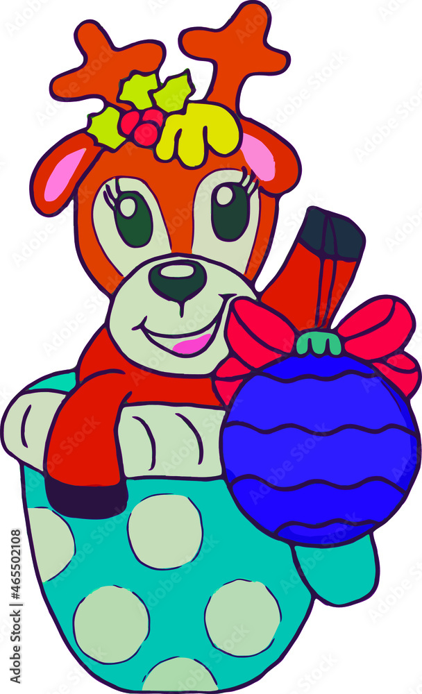 Deer sits into mittens and hold Christmas Tree Decoration. Flat Vector Illustration. Reindeer and gloves Deer sits into mittens and hold Christmas Tree Decoration. Flat Vector Illustration. Reindeer and gloves