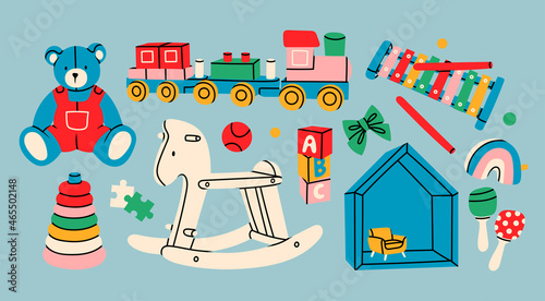 Various isolated Toys for kids. Wooden train, rocking horse, teddy bear, toy cubes, xylophone, pyramid, doll house. Childhood, children games, preschool activities concept. Hand drawn Vector set