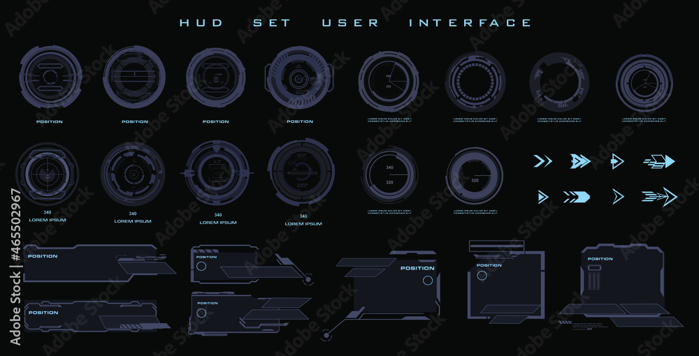 Targets Set. Scopes and navigation elements for the game HUD interface. Dialog boxes. Set futuristic HUD frames and titles, UI UX for HUD UI. Video game elements Targets Set. Scopes and navigation elements for the game HUD interface. Dialog boxes. Set futuristic HUD frames and titles, UI UX for HUD UI. Video game elements