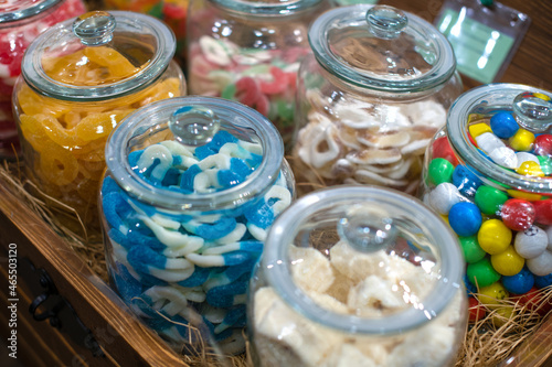Delicious, sweet jelly-chewing colored candies in the assortment of the store. Delicious sweets. © leksann