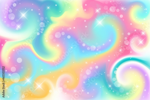 Fantasy background. Holographic illustration in pastel colors. Cute cartoon girly background. Bright multicolored sky with stars and bokeh. Vector.