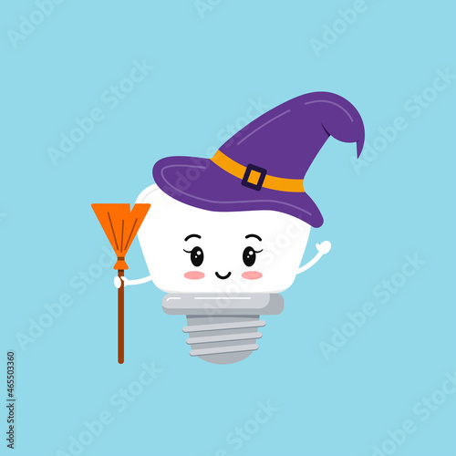 Witch tooth implant with purple magic hat and broom isolated vector icon. Cute tooth in Halloween carnival costume- dental character for dentist halloween card. Flat design cartoon illustration.  
