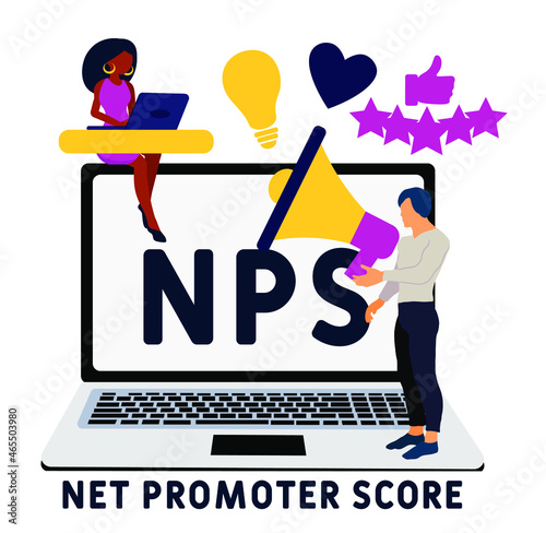 NPS - Net Promoter Score acronym, business concept background. Concept with keywords, letters and icons. Colored flat vector illustration. Isolated on white background.