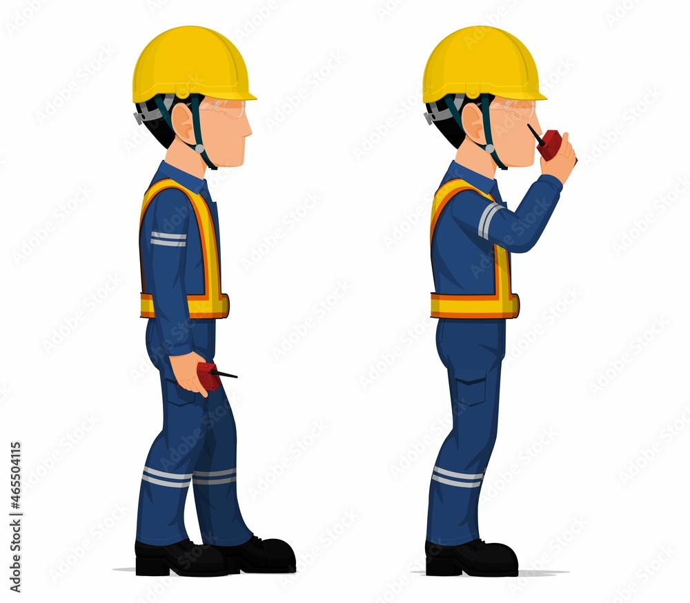 Set of worker is holding a walkie-talkie Set of worker is holding a walkie-talkie