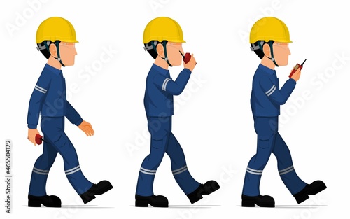 Set of worker is holding a walkie-talkie