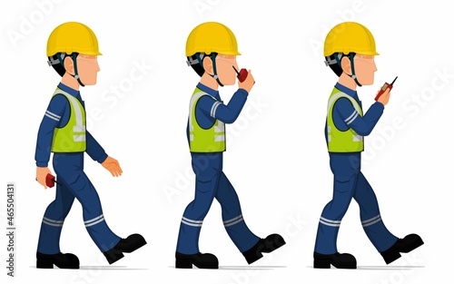 Set of worker is holding a walkie-talkie