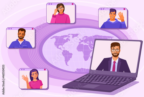 Videoconference concept. Men Indian and women Indian communicate over the Internet. People on the screen are discussing teamwork. Online training, remote work from home. Colored vector illustration.