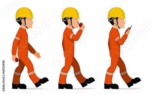 Set of worker is holding a walkie-talkie