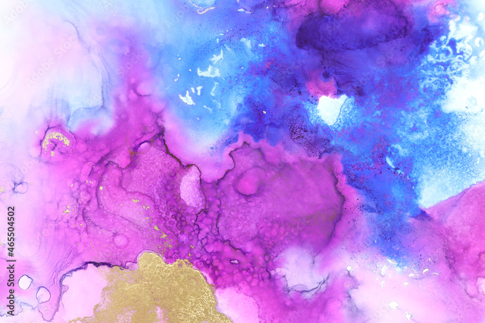 art photography of abstract fluid painting with alcohol ink, blue, gold and purple colors