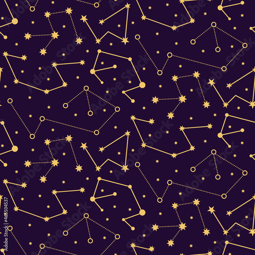 Celestial constellations astrological golden seamless pattern on dark background