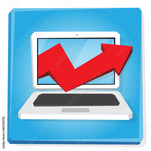 Cartoon vector illustration of notebook. Laptop screen with arrow up.