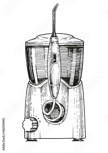 Vector illustration of an irrigator. A hand-drawn sketch. A device for washing teeth and oral cavity. Vintage style engraving