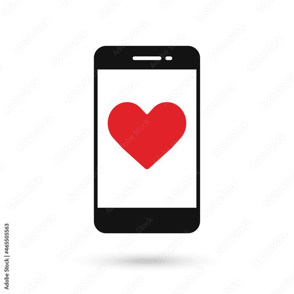 Mobile phone flat design icon with red heart sign. Mobile phone flat design icon with red heart sign.