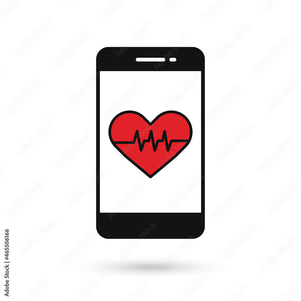 Mobile phone flat design icon with red Heart beat sign. Mobile phone flat design icon with red Heart beat sign.