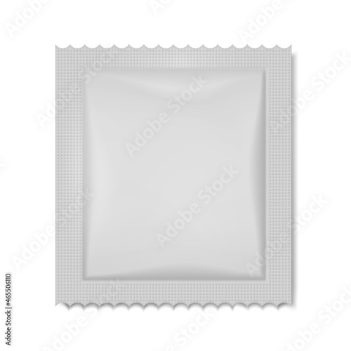 Blank sachet packet with scalloped edges isolated on white background, vector mock-up. Individual plastic wrapping bag for cosmetic, medical or food product - mockup. Template for design