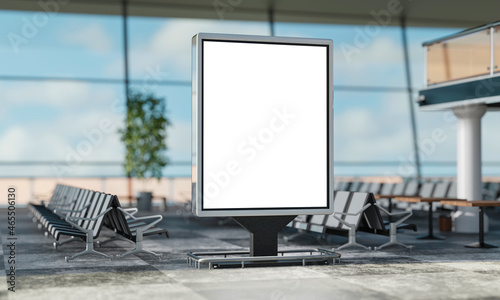 An empty billboard at an airport or train station terminal. Glowing advertising screen. 3d illustration