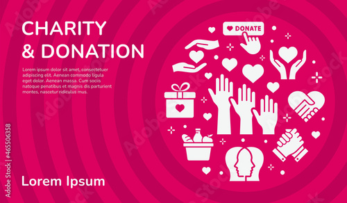 Vector banner templates with charity icons. Set of donate, volunteer, money and more.