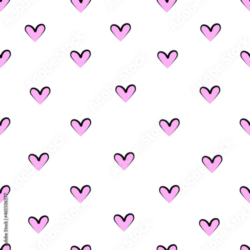 Seamless polka dot pink hearts pattern. Vector Illustration for printing, backgrounds, covers, packaging, greeting cards, posters, stickers, textile, seasonal design. Isolated on white background.