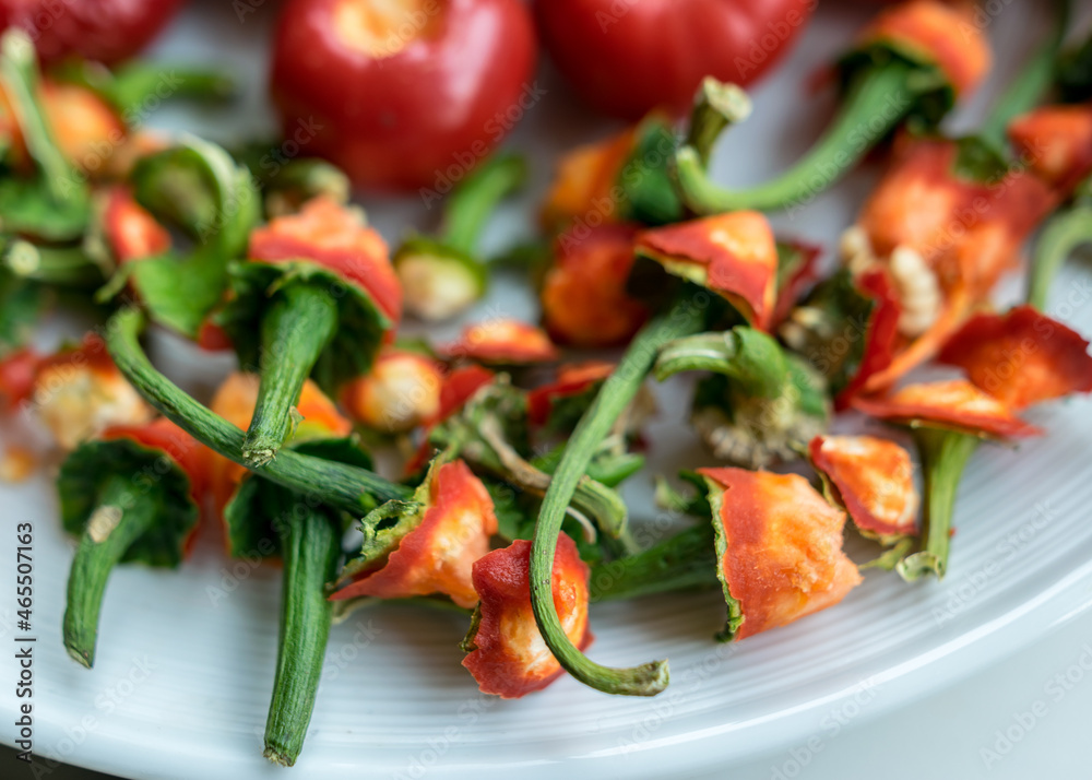 tomato peppers on a white plate, peppers prepared for canning, green stalks separated, concept of healthy eating, vegetarian diet, canning products for winter, autumn harvest time tomato peppers on a white plate, peppers prepared for canning, green stalks separated, concept of healthy eating, vegetarian diet, canning products for winter, autumn harvest time