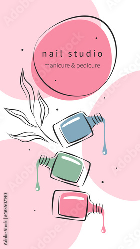 Design layout nail studio for social media posts and stories, mobile apps. Nail polish. Vector illustrations