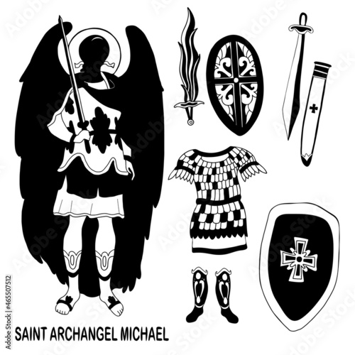 Collection of warrior - armor, sword and chain mail. And heavenly warrior Archangel Michael. Vector illustration. Outline hand drawing. Religious concept of Catholic and Orthodox holidays