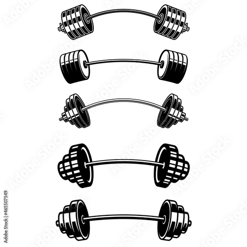 Set of illustrations of fitness barbells in monochrome style. Design element for logo, emblem, sign, poster, t shirt. Vector illustration