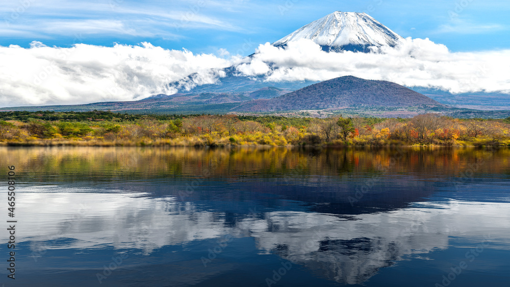 Mount Fuji and the reflection of the water on Lake Kawaguchiko in Japan