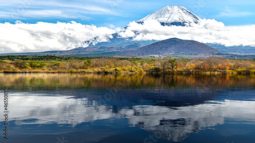 Mount Fuji and the reflection of the water on Lake Kawaguchiko in Japan