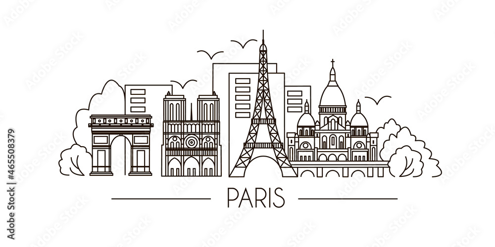 Paris holiday travel line drawing. Paris city flat illustration. Modern lineart Paris illustration. Hand sketched poster, banner, postcard, card template for travel company, T-shirt, shirt. Vector EPS