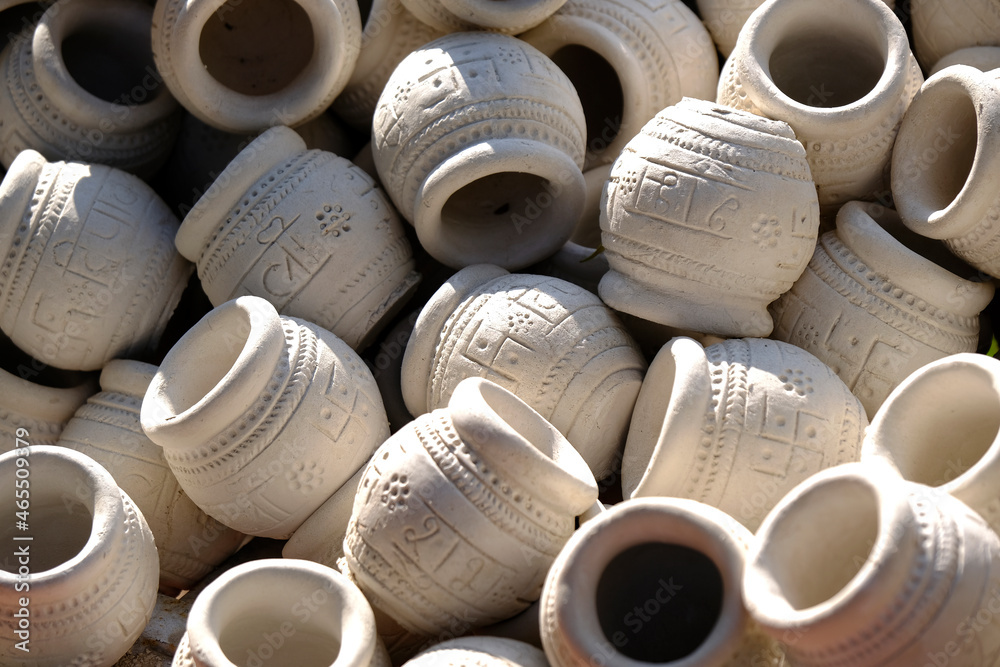Eco friendly clay pots, earthenware, Pottery background.