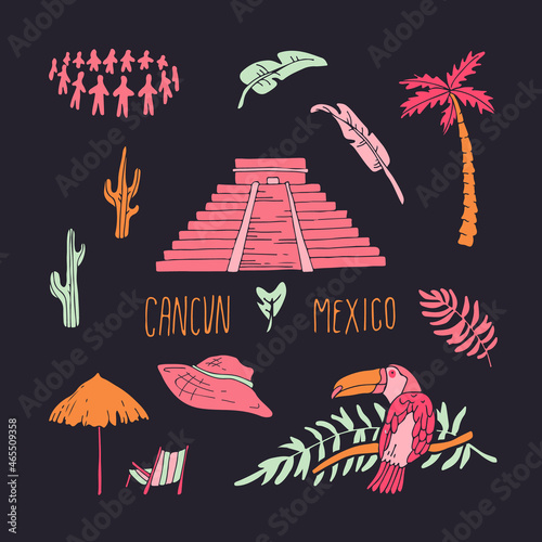 Modern style Cancun city illustration. Cancun cartoon doodle illustration. Cancun doodle drawing. Hand sketched poster, banner, postcard, card template for travel company, T-shirt, shirt. Vector EPS