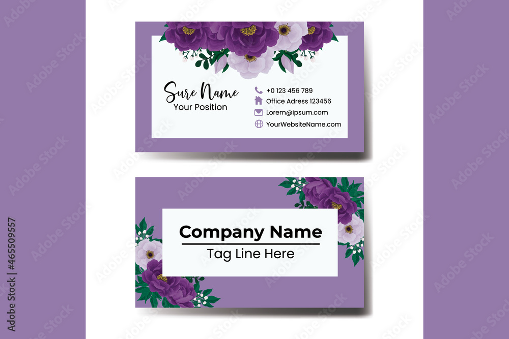 Business Card Template Purple Peony Flower .Double-sided Name Card Purple Colors. Flat Design Vector Illustration. Stationery Design