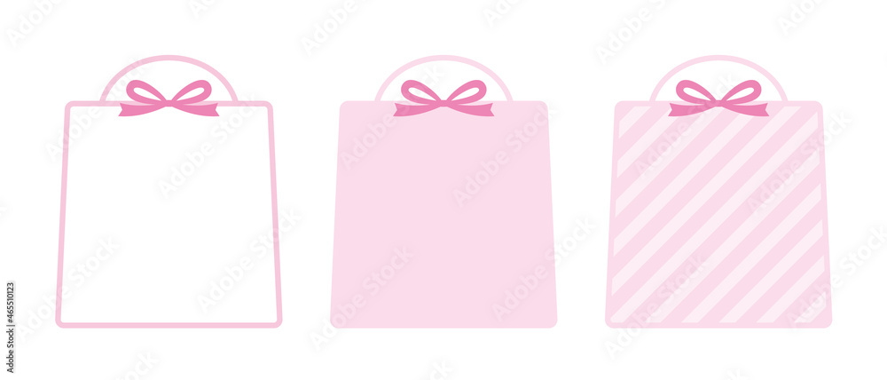 ギフトバッグ、プレゼント、ショップバッグのフレームイラストセット　ピンク色　お祝い　誕生日（縦長）