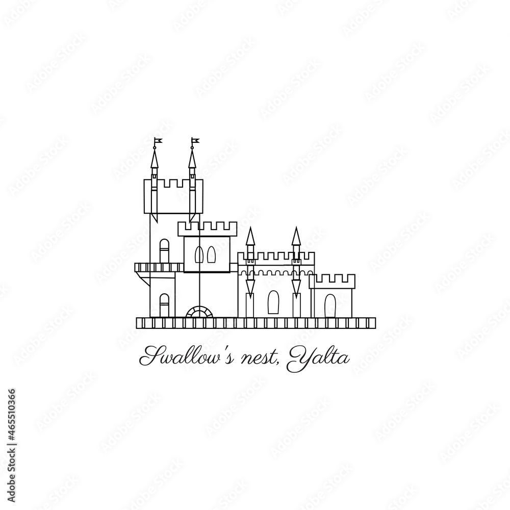 Vector landmark of Crimea, Swallow's nest, Yalta, decorative european architecture isolated on white, travel icon palace, flat building, hand drawn sight attraction, line art sign for design web map