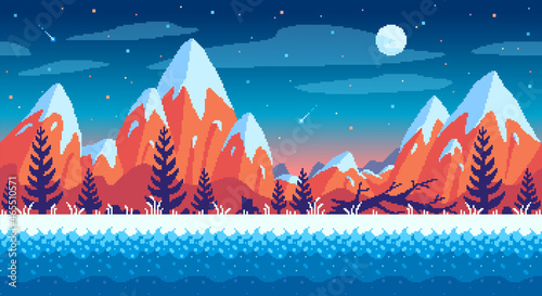 Snowy mountains, fir trees and a starry sky. Pixel art game location.